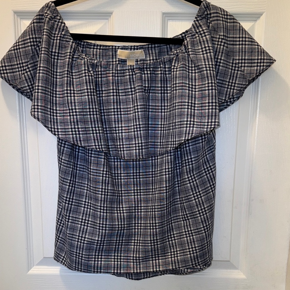 Michael Kors Navy Plaid Off-Shoulder Blouse